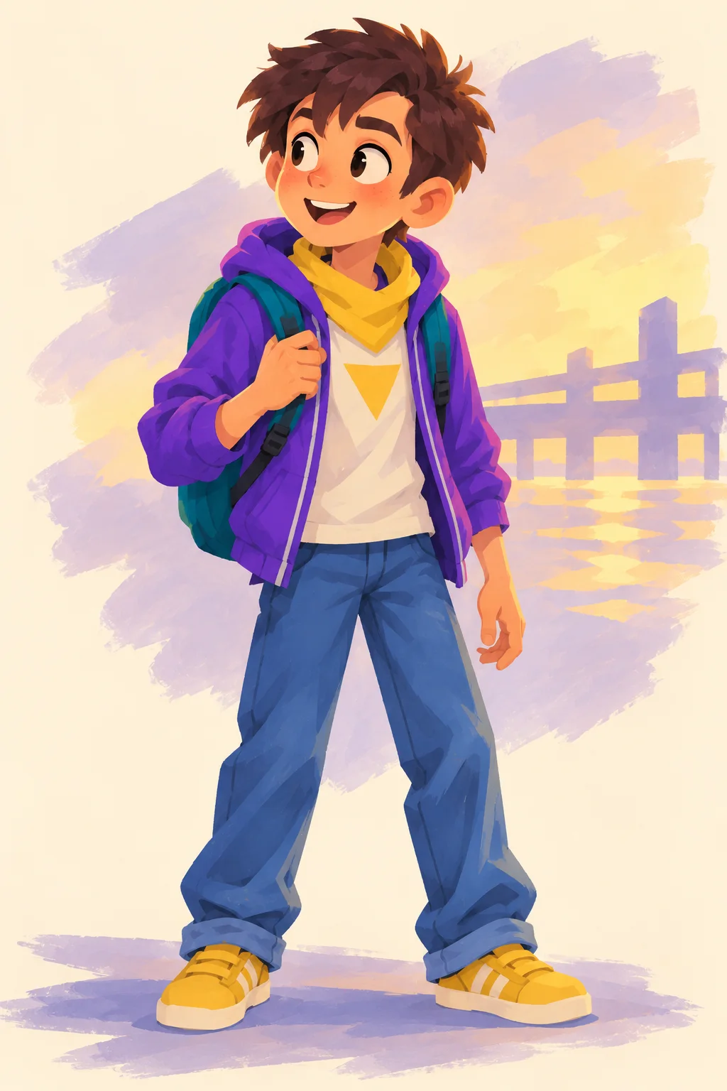 Alex with short tousled hair, a purple jacket and yellow scarf.