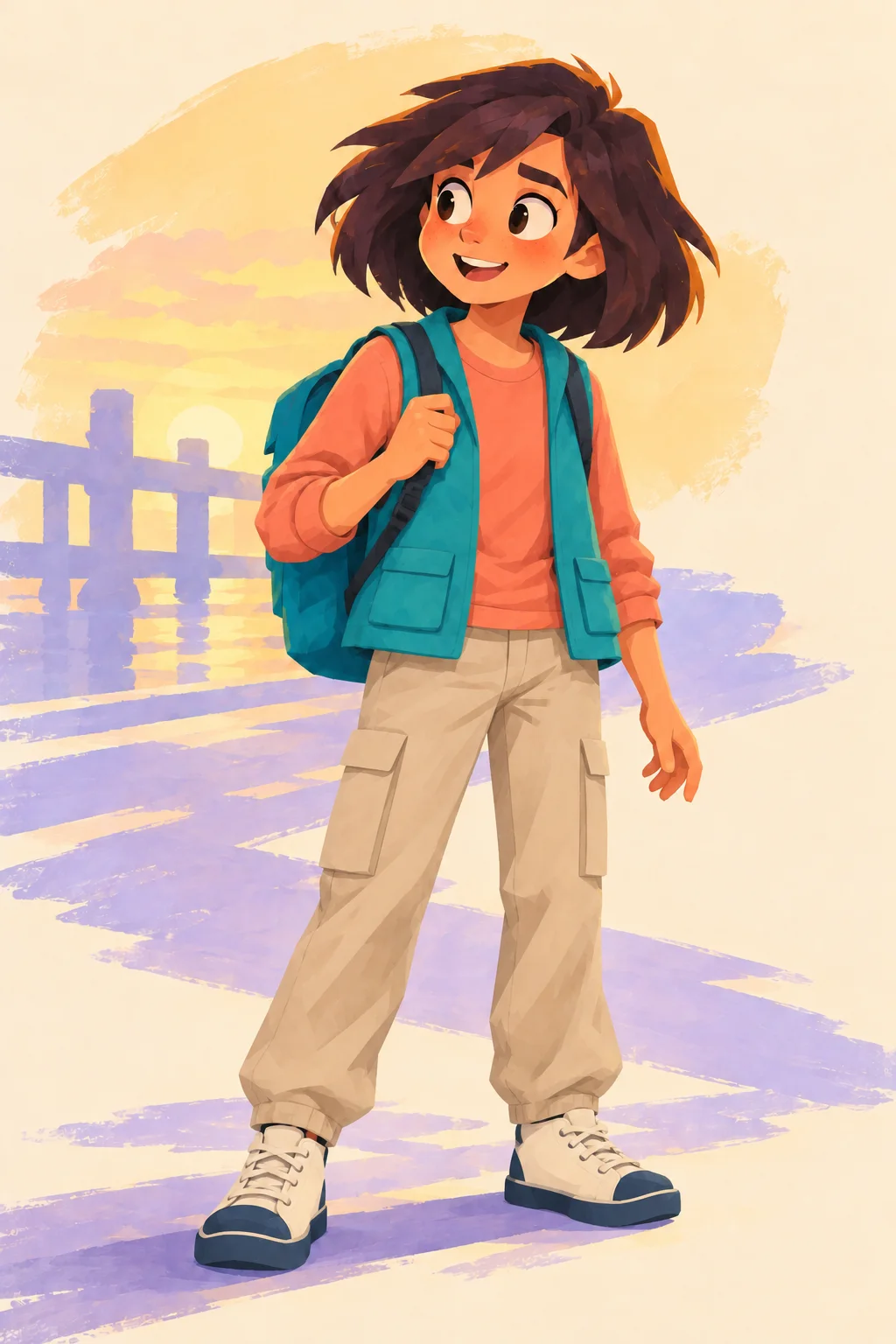 Alexa with a dark bob, a teal utility vest over a coral shirt, sand cargo pants and high-top sneakers.