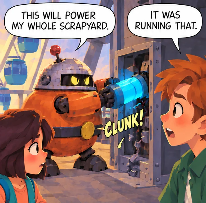 Comic panel. The Rounder, a round orange robot, pulls the glowing power core out of the pier’s machine: “This will power my whole scrapyard.” Leo: “It was running that.”
