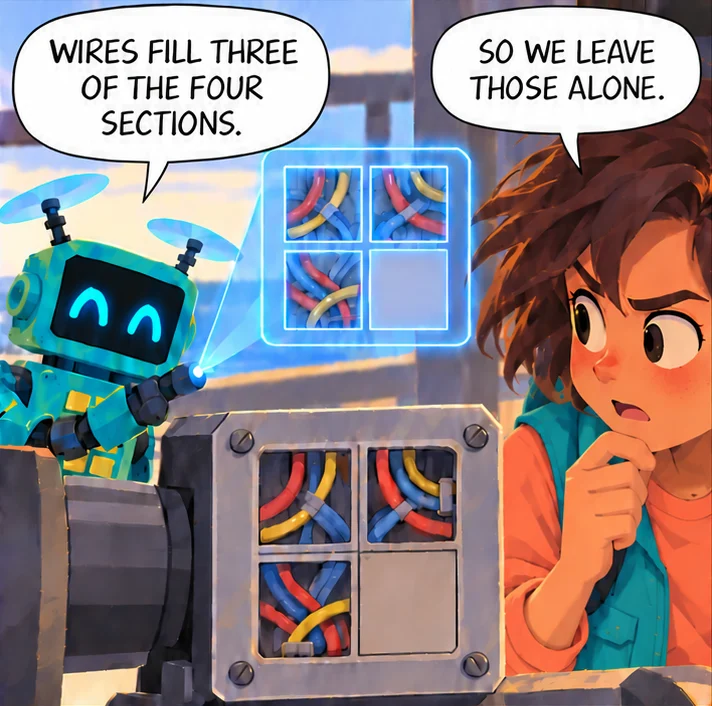 Panel 3, a real panel from SLICE! Episode 1. At the pier, Tally projects the control gate: four square sections, three packed with wires, one empty. Alexa studies it. A marigold outline marks the three wired quarters and the one clear quarter.