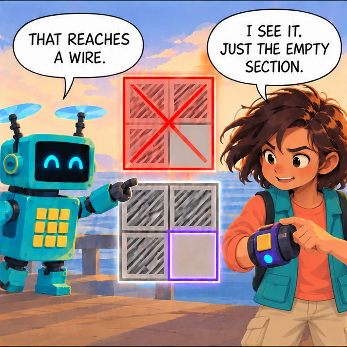 Comic panel. Tally points at a cover split into four equal sections; a selection that reaches a wired section is crossed out in red. Tally: “That reaches a wire.” Alexa: “I see it. Just the empty section.”