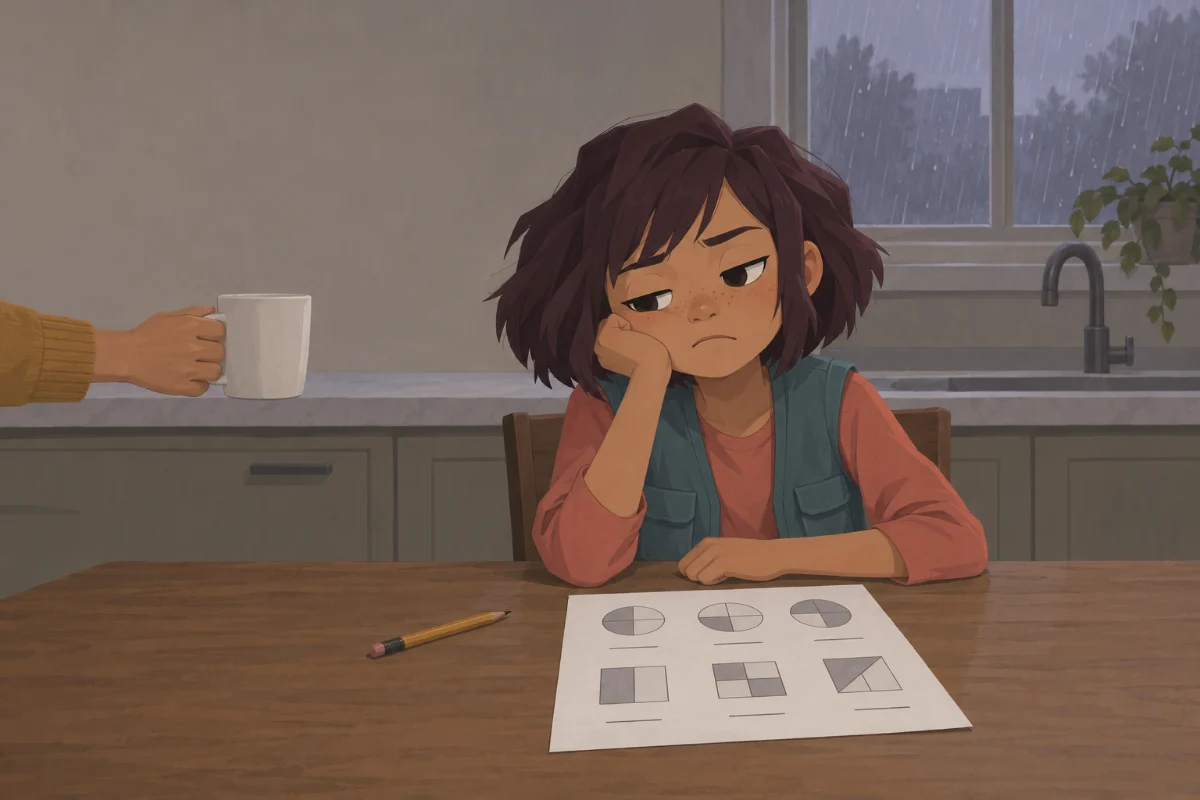 Panel 1. A grey, rainy kitchen. Alexa slumps over a fractions worksheet, cheek on her fist. Mom's hand holds a mug at the edge of the panel.