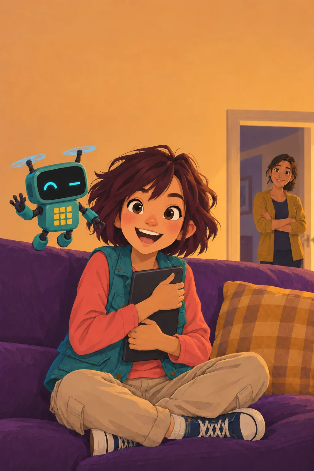 Panel 4. Warm evening light. Alexa beams on the sofa, hugging the tablet. Mom smiles from the doorway. Tally winks.