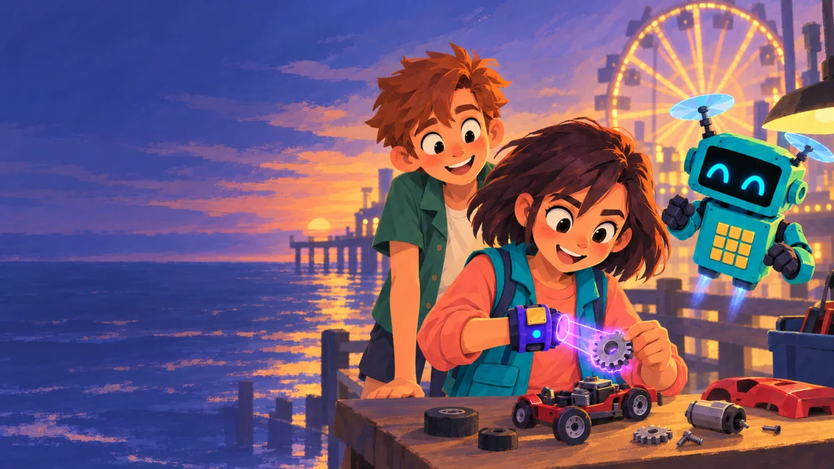 At sunset on the pier, Alexa uses Grandpa’s SLICE tool to lift one gear out of Leo’s toy car while Leo and Tally the robot lean in to watch.