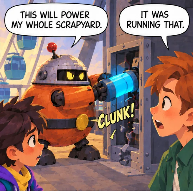 The orange robot thief yanks the glowing power core out of the pier’s power box: “This will power my whole scrapyard.” Leo: “It was running that.”