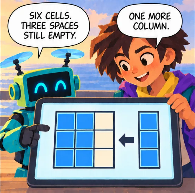 Tally points at a tray diagram: “Six cells. Three spaces still empty.” Alex: “One more column.”