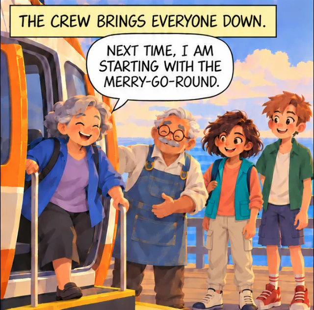 The crew brings everyone down. A rider steps off the Sky Wheel beside Grandpa, Alexa and Leo: “Next time, I am starting with the merry-go-round.”